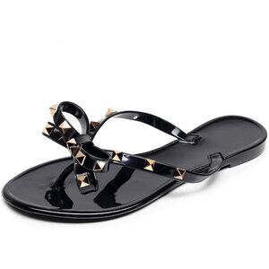 Women’s Black Flat Jelly Flip Flops with Bow and Rivets Summer Beach Sandals